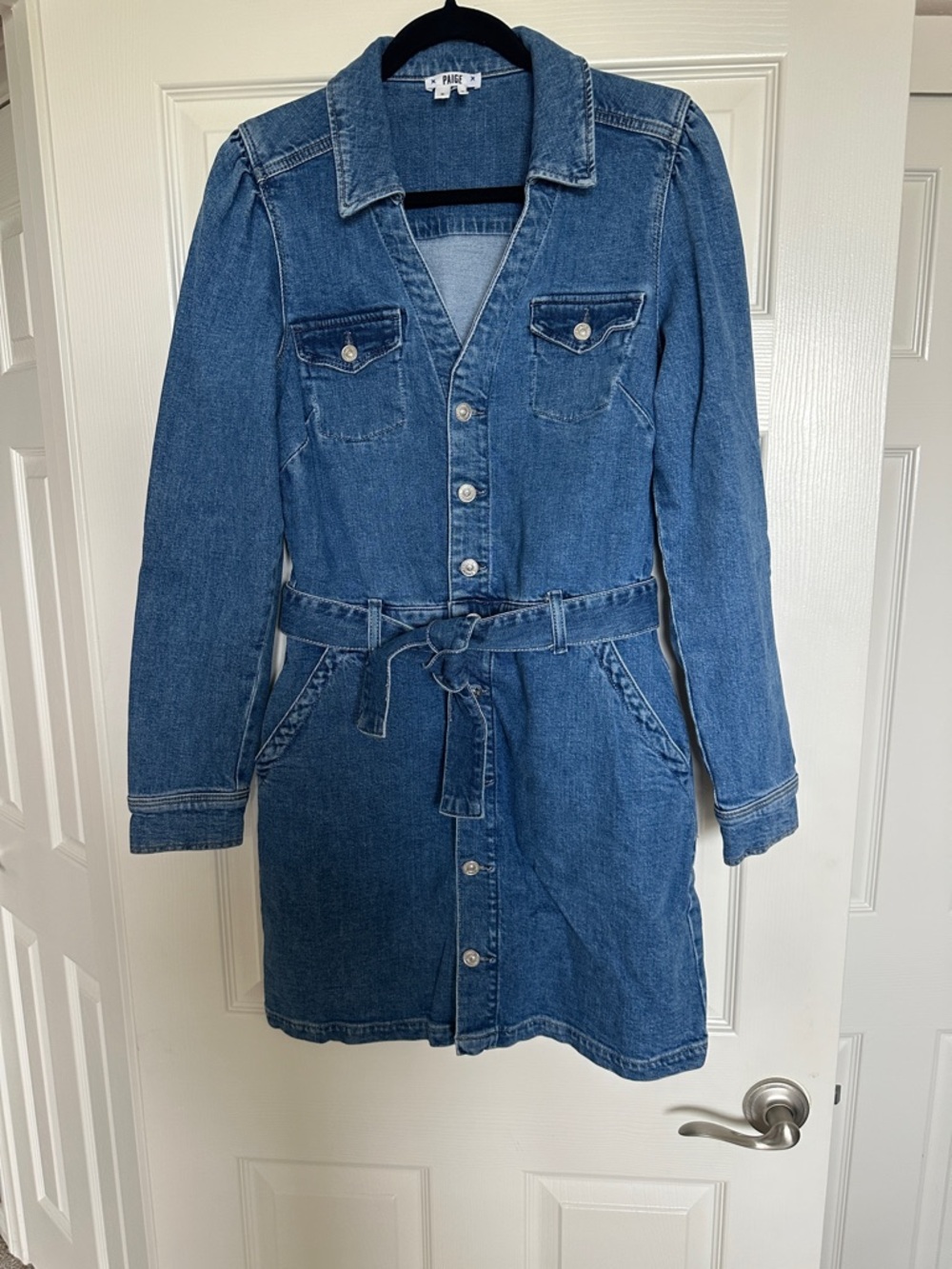 PAIGE Blue Denim Button-Front Shirt Dress with Tie Waist